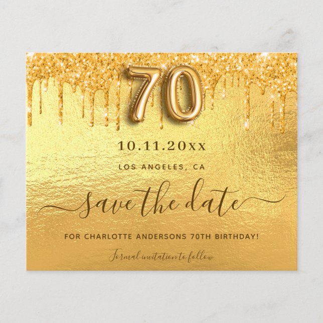 Budget 70th birthday gold glitter save the date (Front)