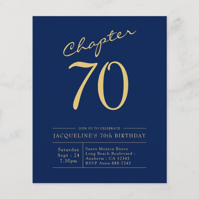 Budget 70th Birthday Invitation Navy Blue Flyer (Front)