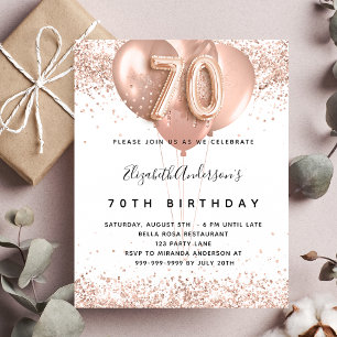 Budget 70th birthday rose gold balloons invitation