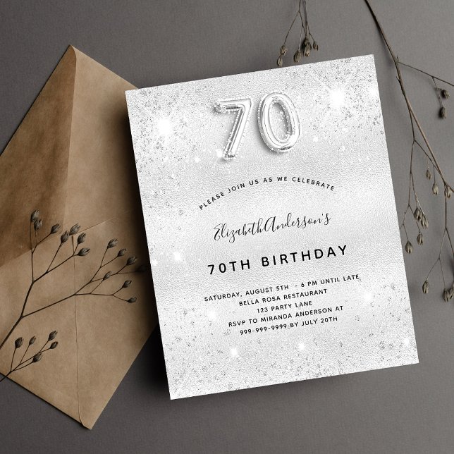 Budget 70th birthday silver glitter invitation (Creator Uploaded)