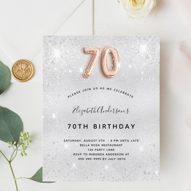 Budget 70th birthday silver rose gold invitation (Creator Uploaded)