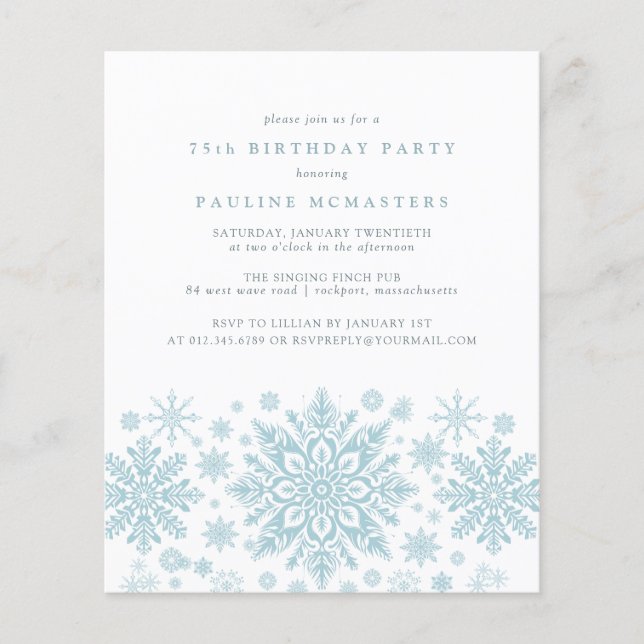 BUDGET 75th Birthday Blue Snowflake Invitation (Front)