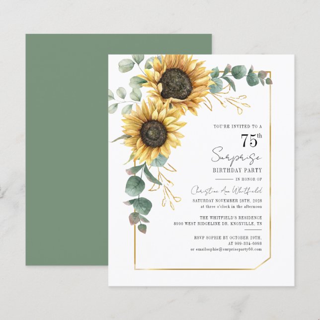 Budget 75th Birthday Sunflower Greenery Invitation (Front/Back)