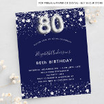 Budget 80th birthday navy blue silver invitation<br><div class="desc">A modern,  stylish and glamourous invitation for a 80th birthday party.  A navy blue background,  decorated with faux silver stars. Personalize and add your name and party details.  Number 80 is written with a balloon style font.</div>