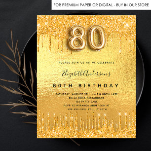 Budget 80th birthday party gold glitter invitation