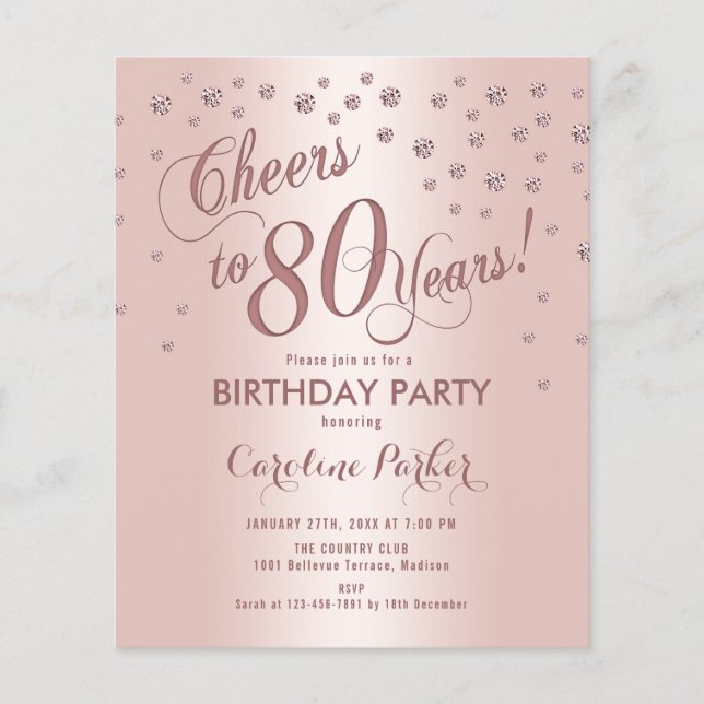 Budget 80th Birthday Party - Rose Gold Invitation Flyer (Front)