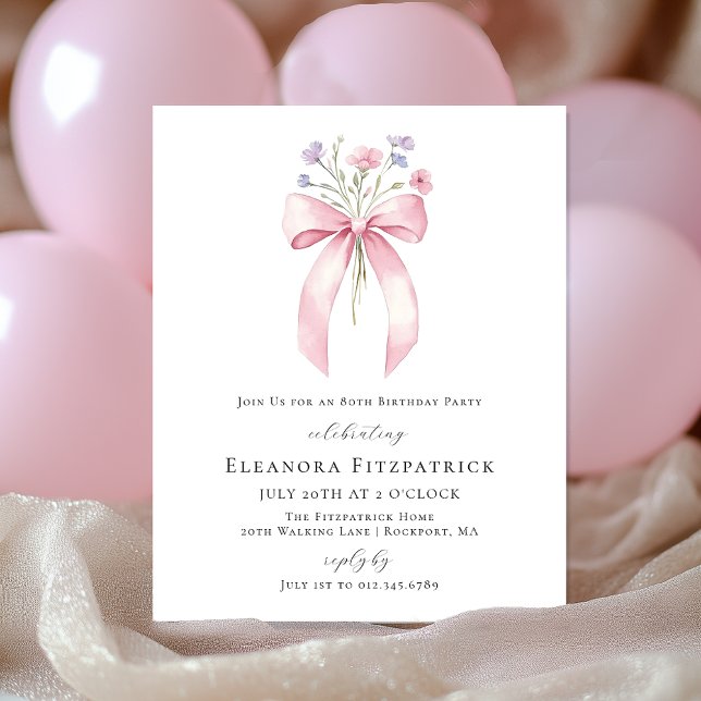 BUDGET 80th Birthday Pink Bow Wildflower Invite (Creator Uploaded)