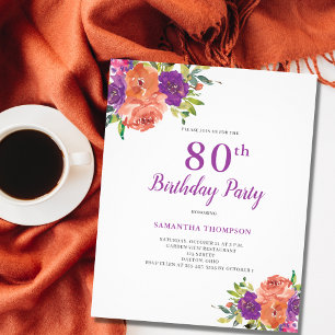 Budget 80th Birthday Purple Floral Invitation Flyer