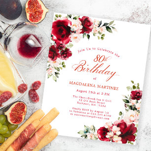 Budget 80th Birthday Red Pink Floral Invitation