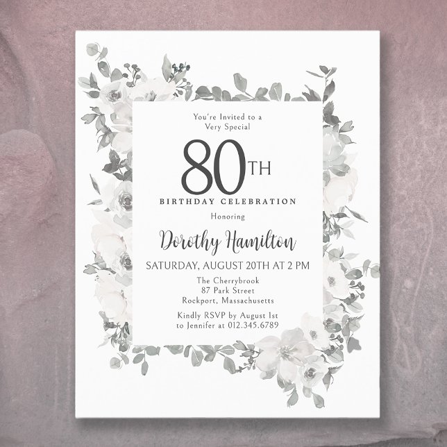 Budget 80th Birthday White Floral Invitation (It's time to celebrate!)