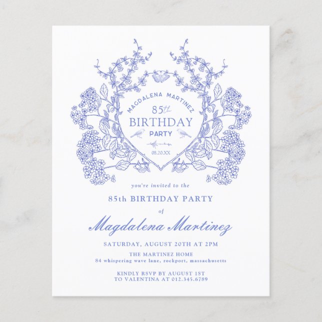 BUDGET 85th Birthday Blue Floral Crest (Front)