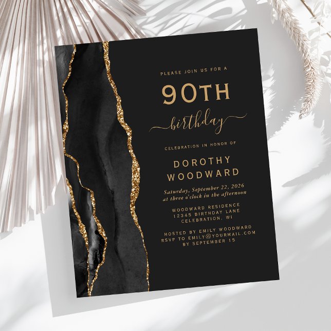 Budget 90th Birthday Black Gold Agate Dark Invite (Creator Uploaded)