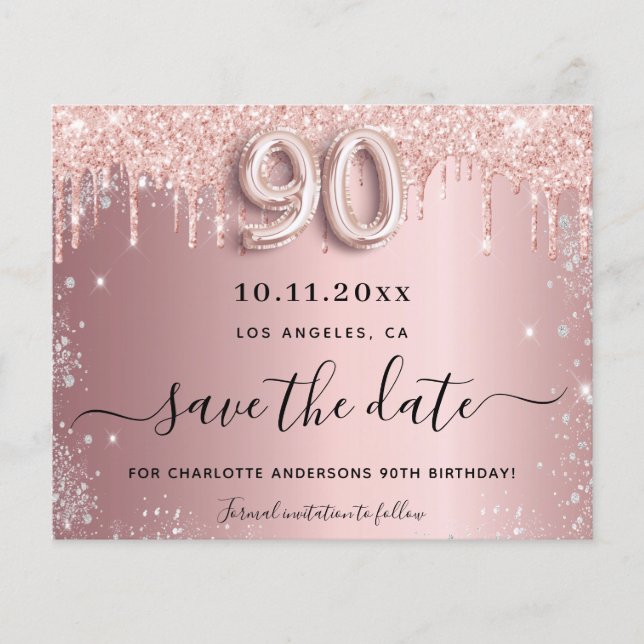 Budget 90th birthday blush silver save the date (Front)