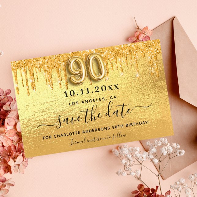 Budget 90th birthday gold glitter save the date (Creator Uploaded)