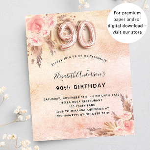 Budget 90th birthday pampas grass rose invitation