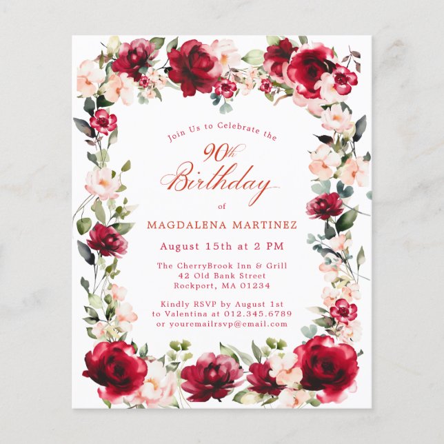 BUDGET 90th Birthday Red Rose Pink Peony Invite (Front)