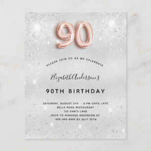 Budget 90th birthday silver rose gold invitation