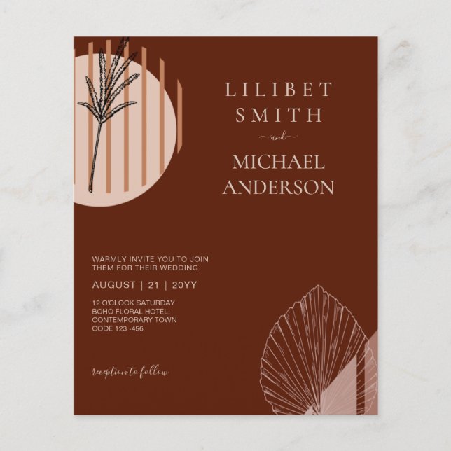BUDGET Abstract Rust Beige Pampas Grass Wedding Flyer (Front)