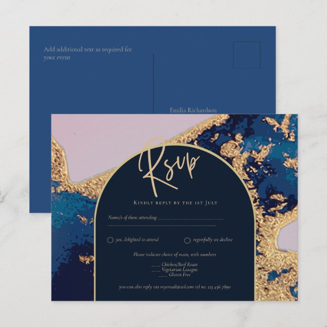 Budget Agate Blue Gold Wedding Invite QR Code RSVP Postcard (Front/Back)