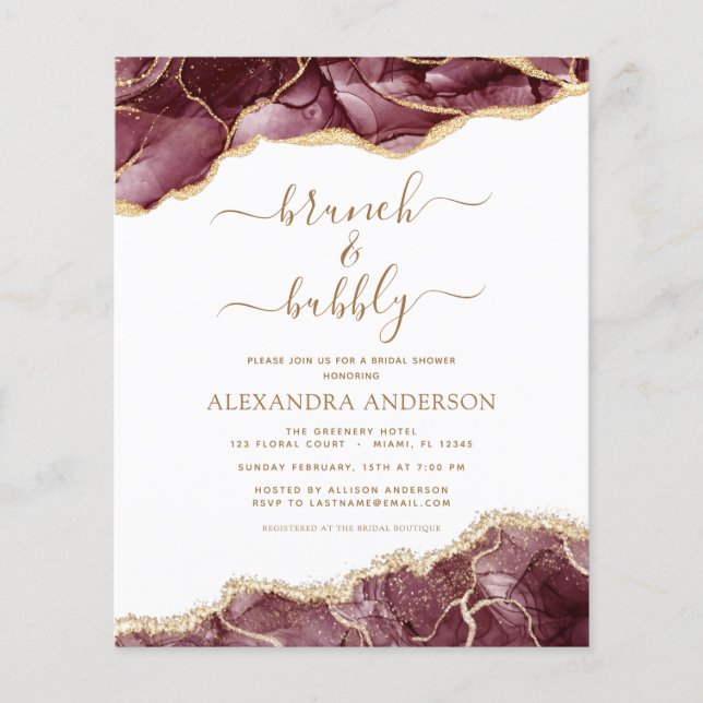 Budget Agate Burgundy Gold Brunch & Bubbly Flyer (Front)