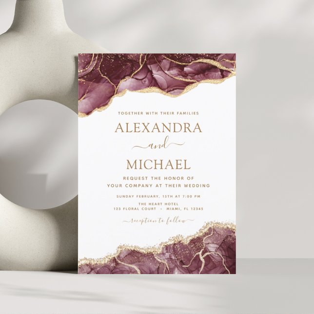 Budget Agate Burgundy Gold Wedding Invitation (Creator Uploaded)