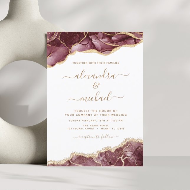 Budget Agate Burgundy Gold Wedding Invitation (Creator Uploaded)