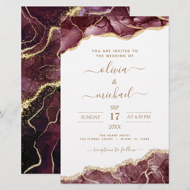 Budget Agate Burgundy Gold Wedding Invitation Flye (Front/Back)