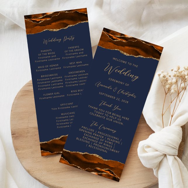 Budget Agate Burnt Orange Navy Wedding Program (Creator Uploaded)
