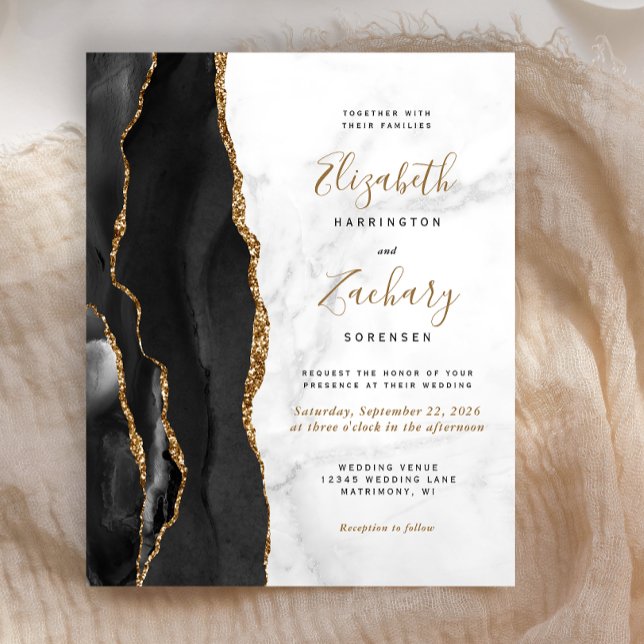 Budget Agate Marble Black Gold Wedding Invitation (Creator Uploaded)