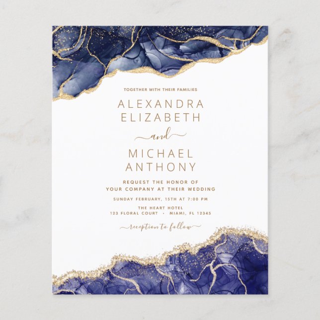 Budget Agate Navy Blue Gold Blue Wedding Flyer (Front)