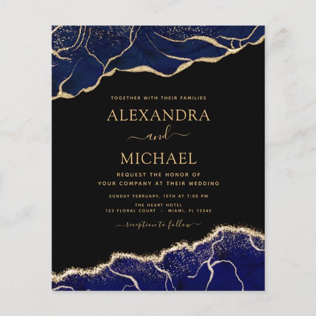 Budget Agate Navy Blue Gold Blue Wedding Flyer (Front)