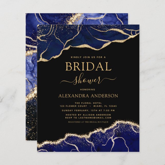 Budget Agate Navy Blue Gold Bridal Shower (Front/Back)
