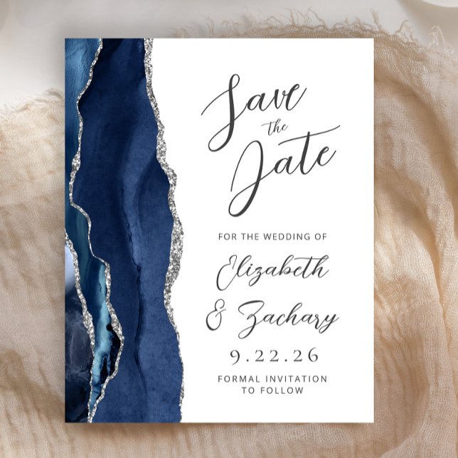 Budget Agate Navy Blue Silver Script Save the Date (Creator Uploaded)