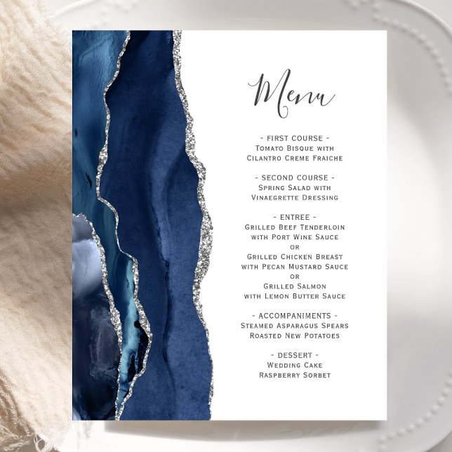 Budget Agate Navy Blue Silver Wedding Menu (Creator Uploaded)