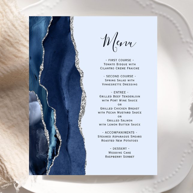 Budget Agate Navy Pale Blue Silver Wedding Menu (Creator Uploaded)