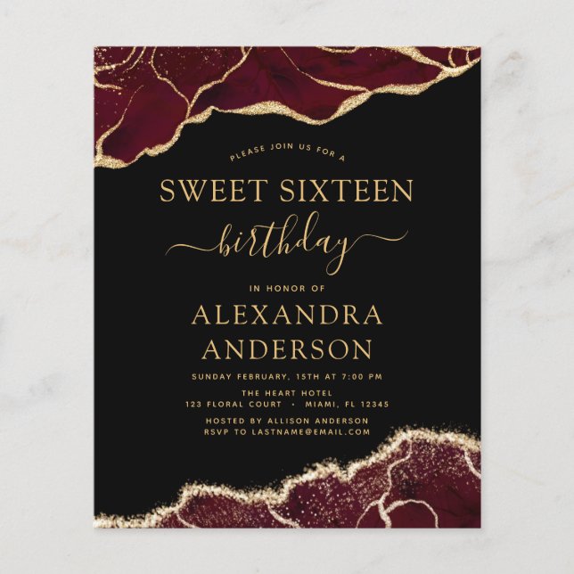 Budget Agate Sweet 16 Birthday Burgundy Gold Flyer (Front)