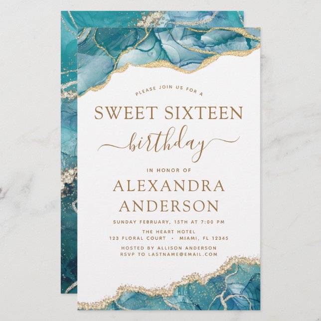 Budget Agate Sweet 16 Teal Gold Invitation (Front/Back)