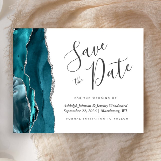 Budget Agate Teal Blue Silver Save the Date (Creator Uploaded)