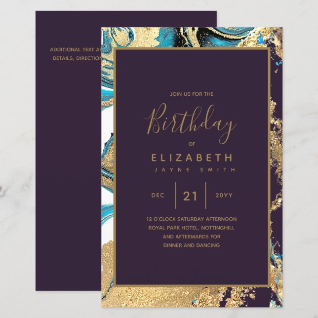 BUDGET Agate Teal Turquoise Gold Birthday Invite (Front/Back)