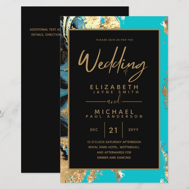 BUDGET Agate Teal Turquoise Gold Wedding Invite (Front/Back)