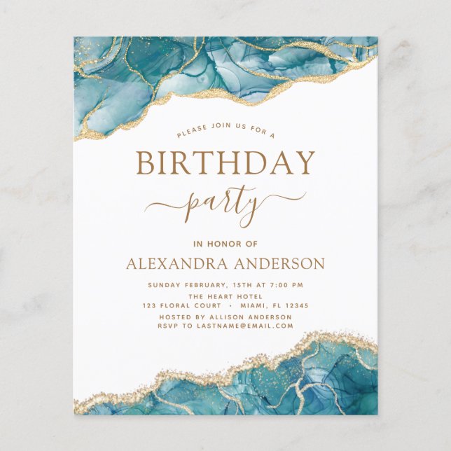Budget Agate Turquoise Birthday Party Gold Flyer (Front)