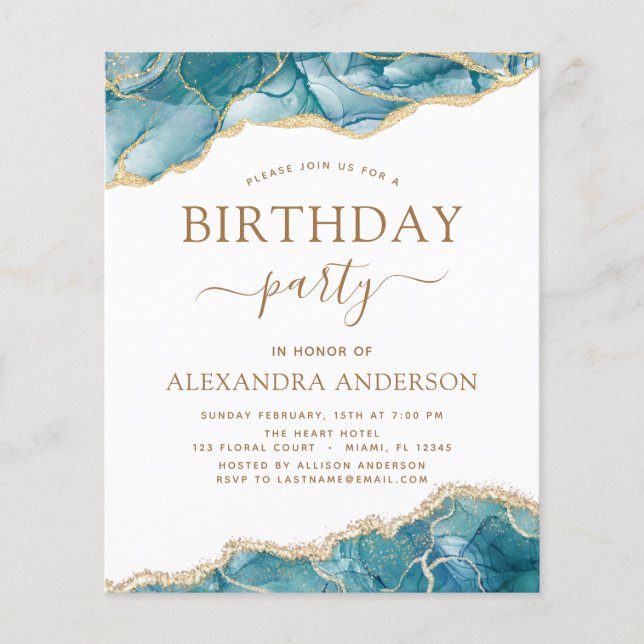 Budget Agate Turquoise Birthday Party Teal Gold Flyer (Front)