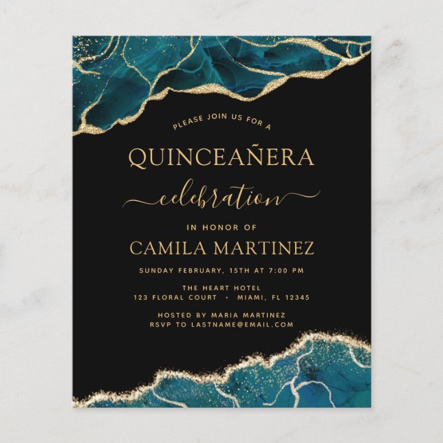 Budget Agate Turquoise Quinceañera Teal Gold Flyer (Front)