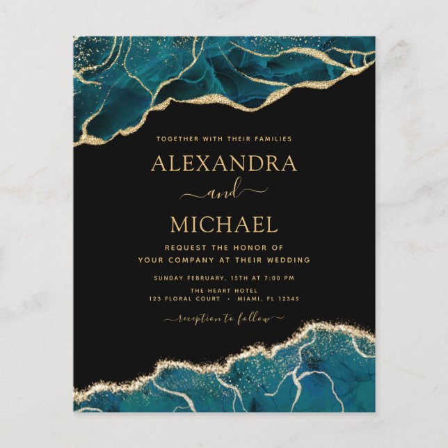 Budget Agate Turquoise Teal Gold Wedding Flyer (Front)