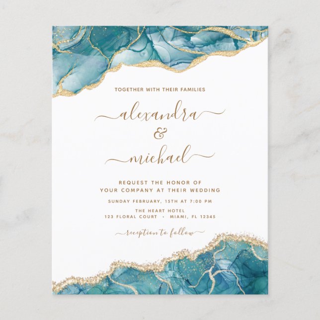 Budget Agate Turquoise Teal Gold Wedding Flyer (Front)
