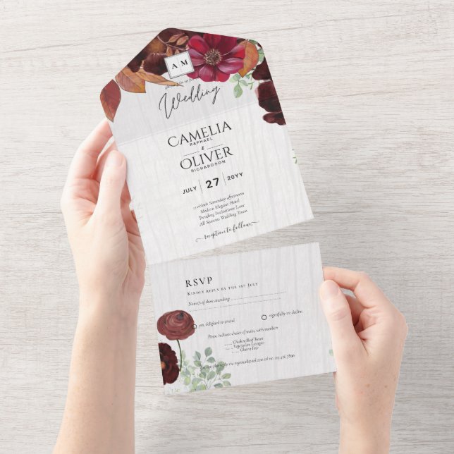 BUDGET All-in1 Rustic Fall Maroon Burgundy Wedding All In One Invitation (Tearaway)