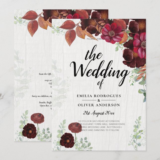 BUDGET All-in1 Rustic Fall Maroon Burgundy Wedding Invitation (Front/Back)