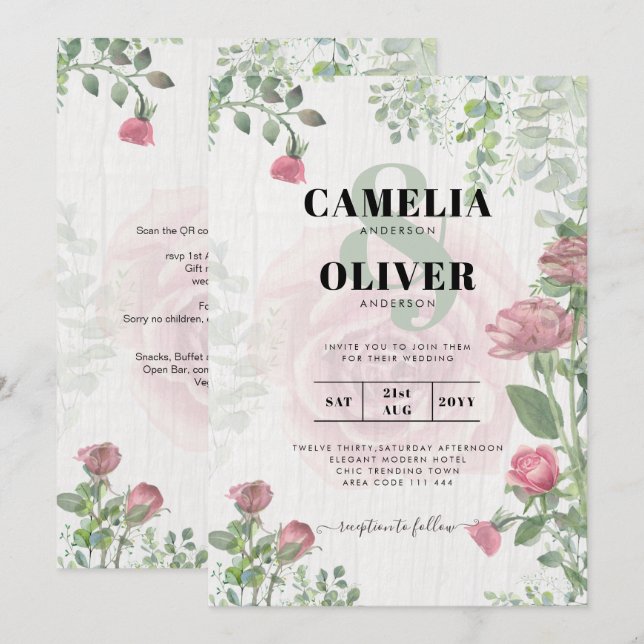 Budget All-in-1 Dusty Pink Roses Floral Wedding Invitation (Front/Back)