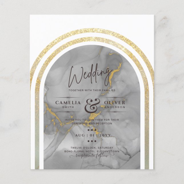 BUDGET All-In-1 Gray Gold Arch Modern Wedding QRCd Flyer (Front)