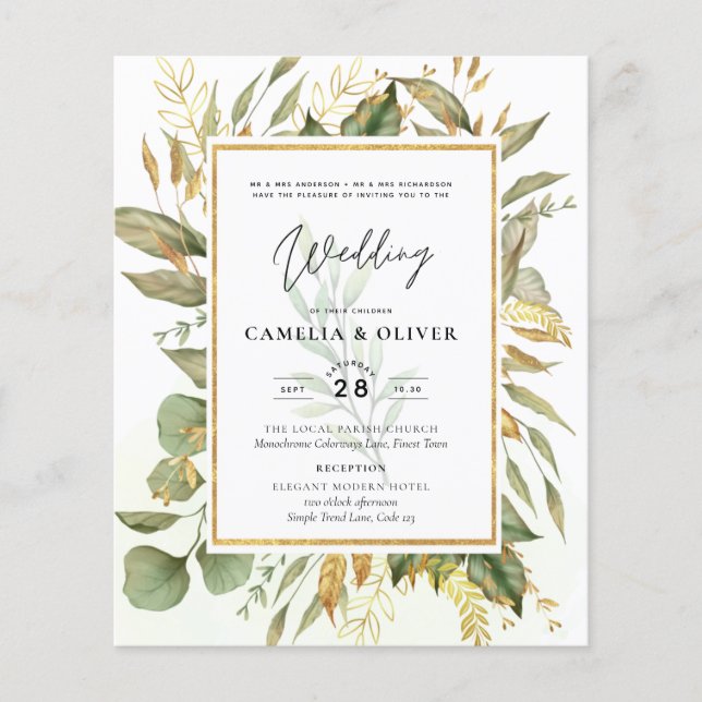 BUDGET All-in-1 Greenery Gold Leaves  Wedding Flyer (Front)